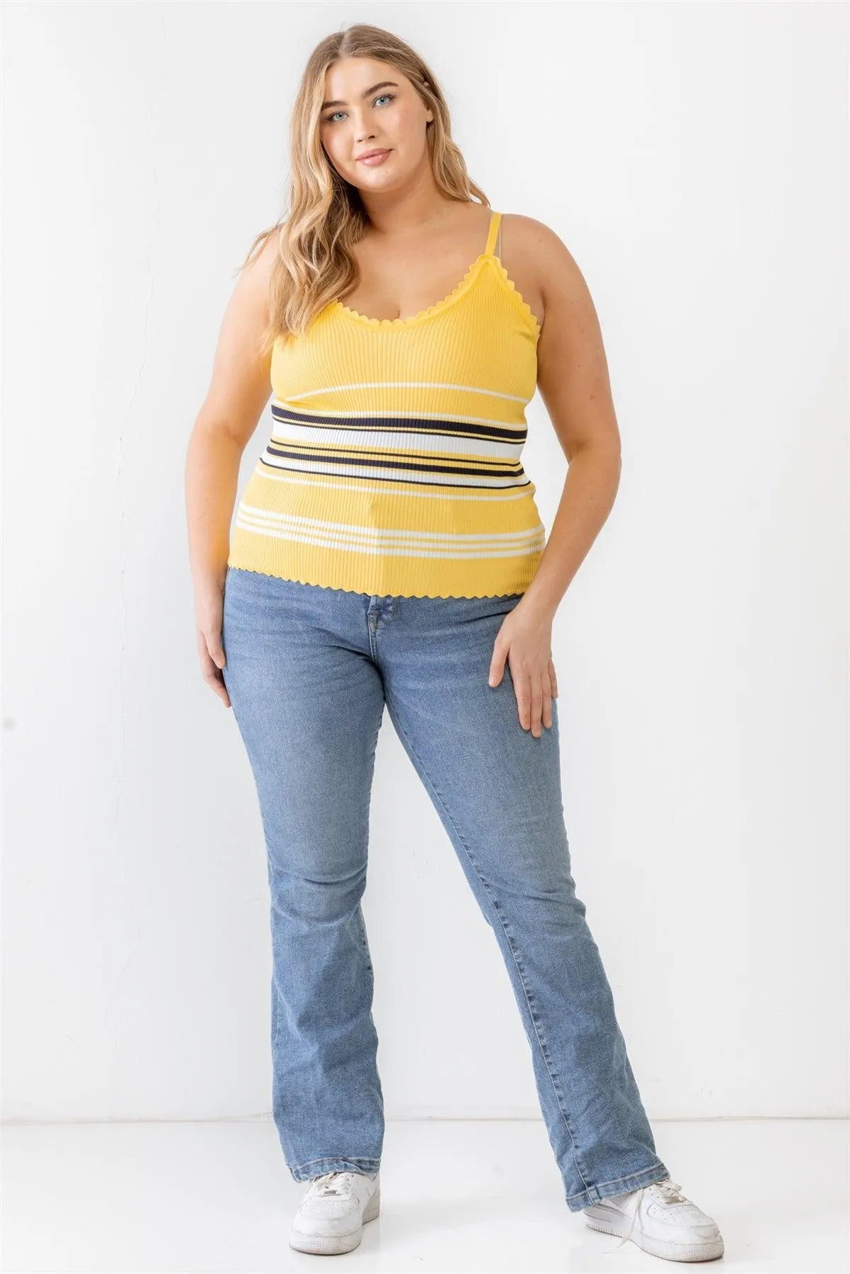 Plus Size Striped Ribbed Ruffle Tank Top - Tasha Apparel Wholesale