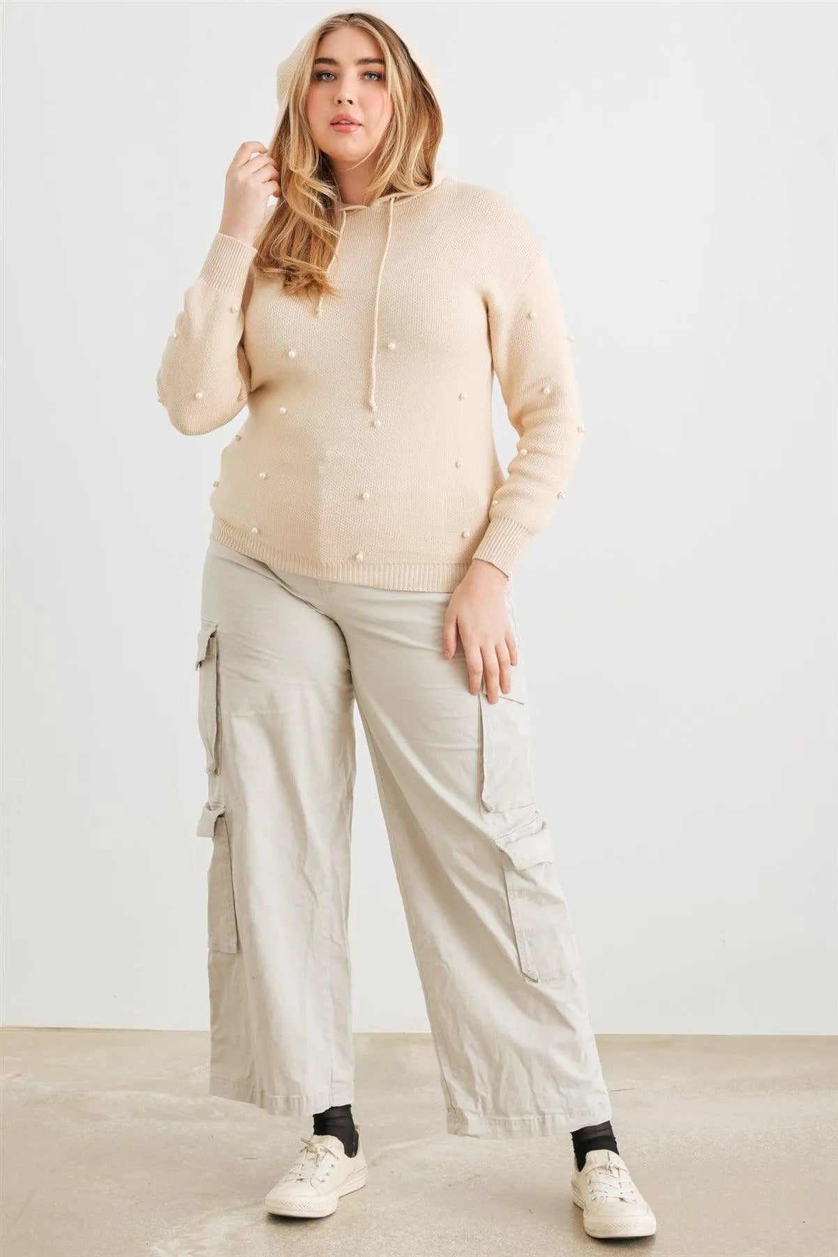 Junior Plus Ivory Knit Pearl Hooded Sweater /1-3-1 - Tasha Apparel Wholesale