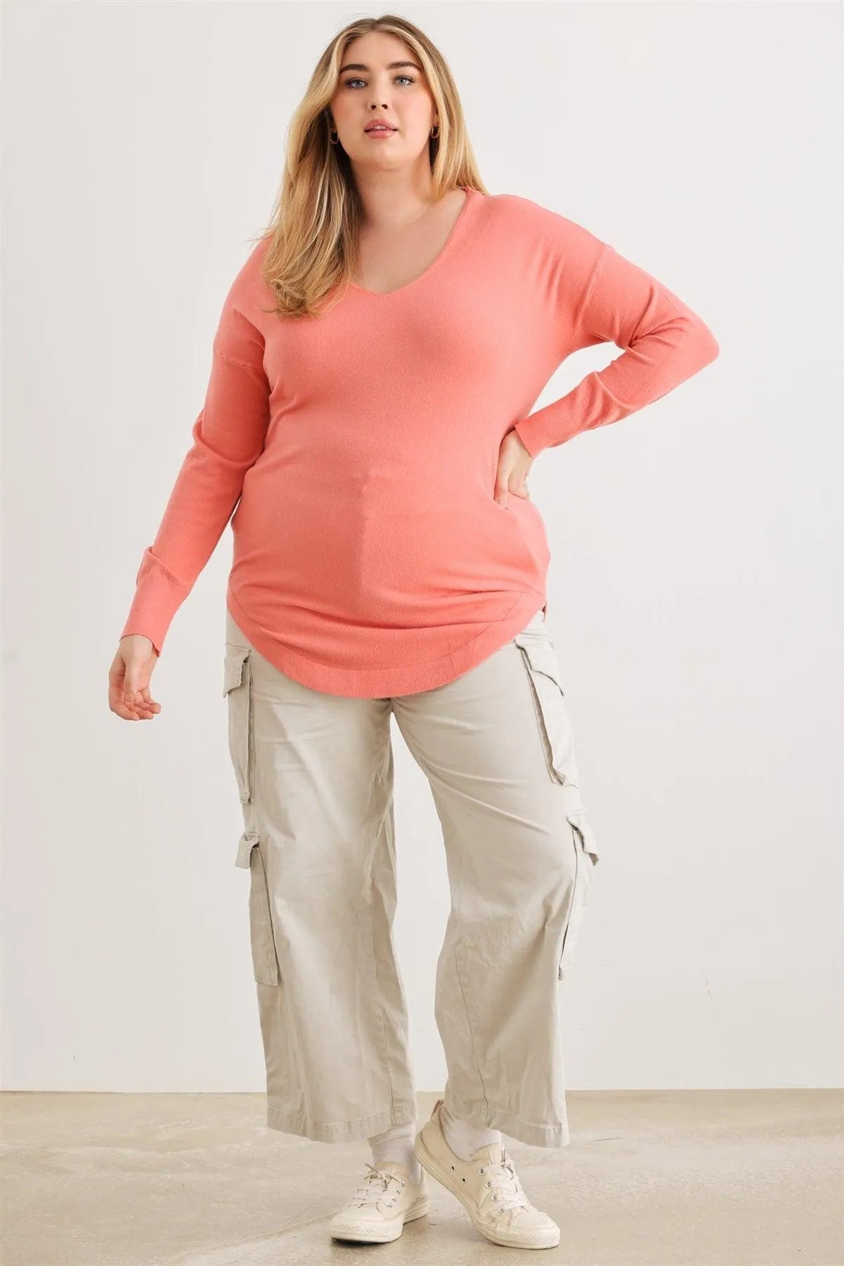 Plus Size Coral Knit Back Lace-Up Curved Hem Top - Tasha Apparel Wholesale