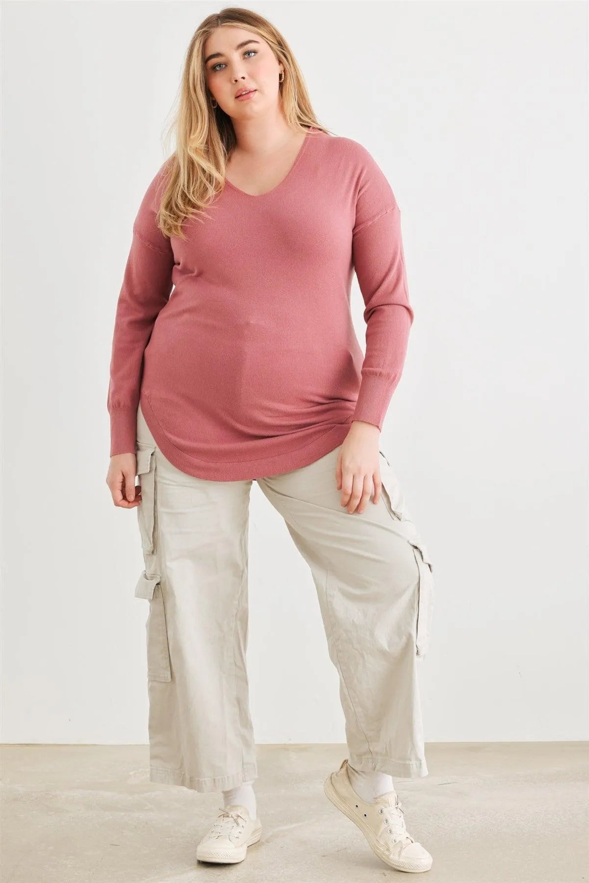 Plus Size Mauve Knit Back Lace-Up Curved Hem Top - Tasha Apparel Wholesale