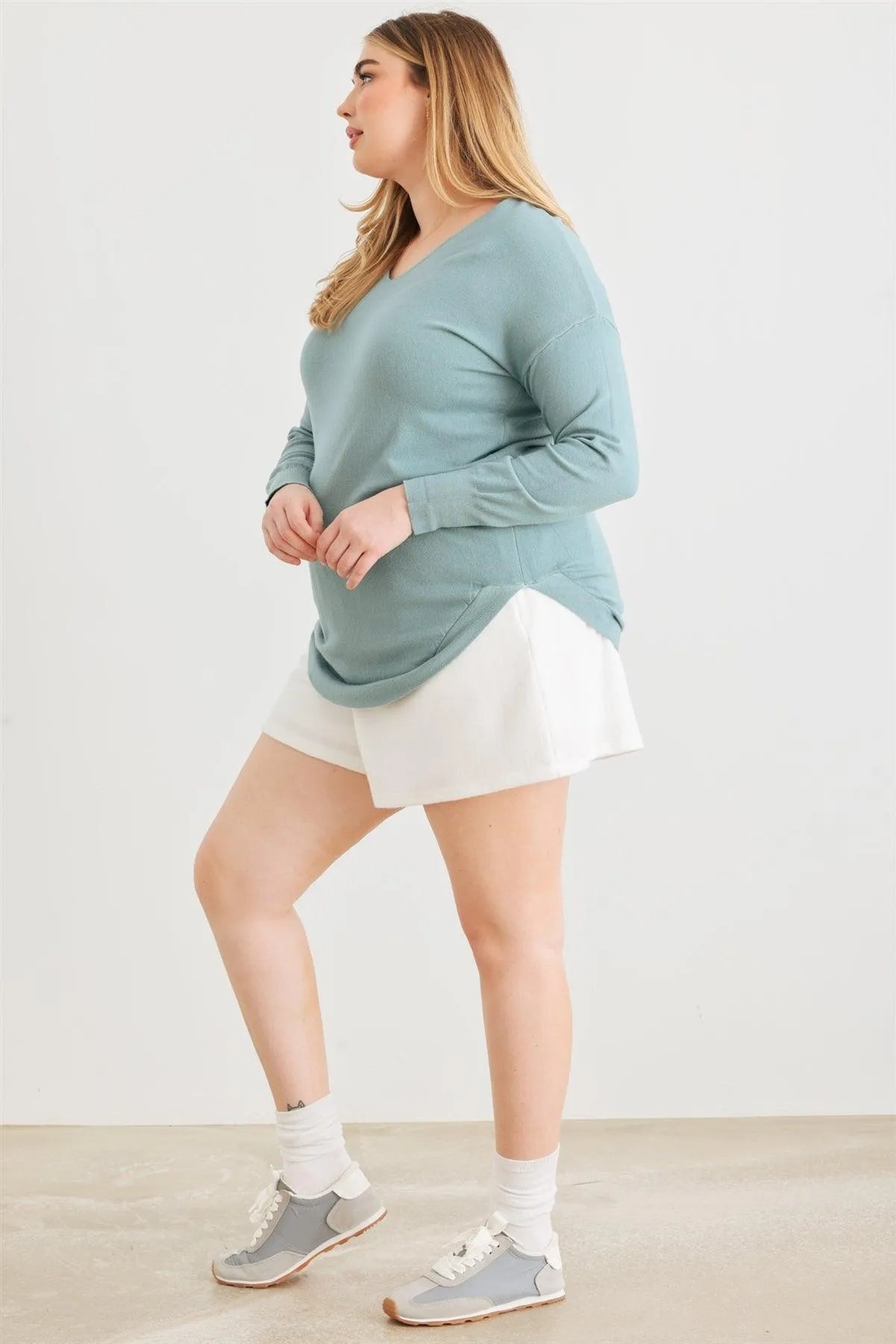 Junior Plus Sage Knit Back Lace-Up Curved Hem Sweater /2-1-1 - Tasha Apparel Wholesale