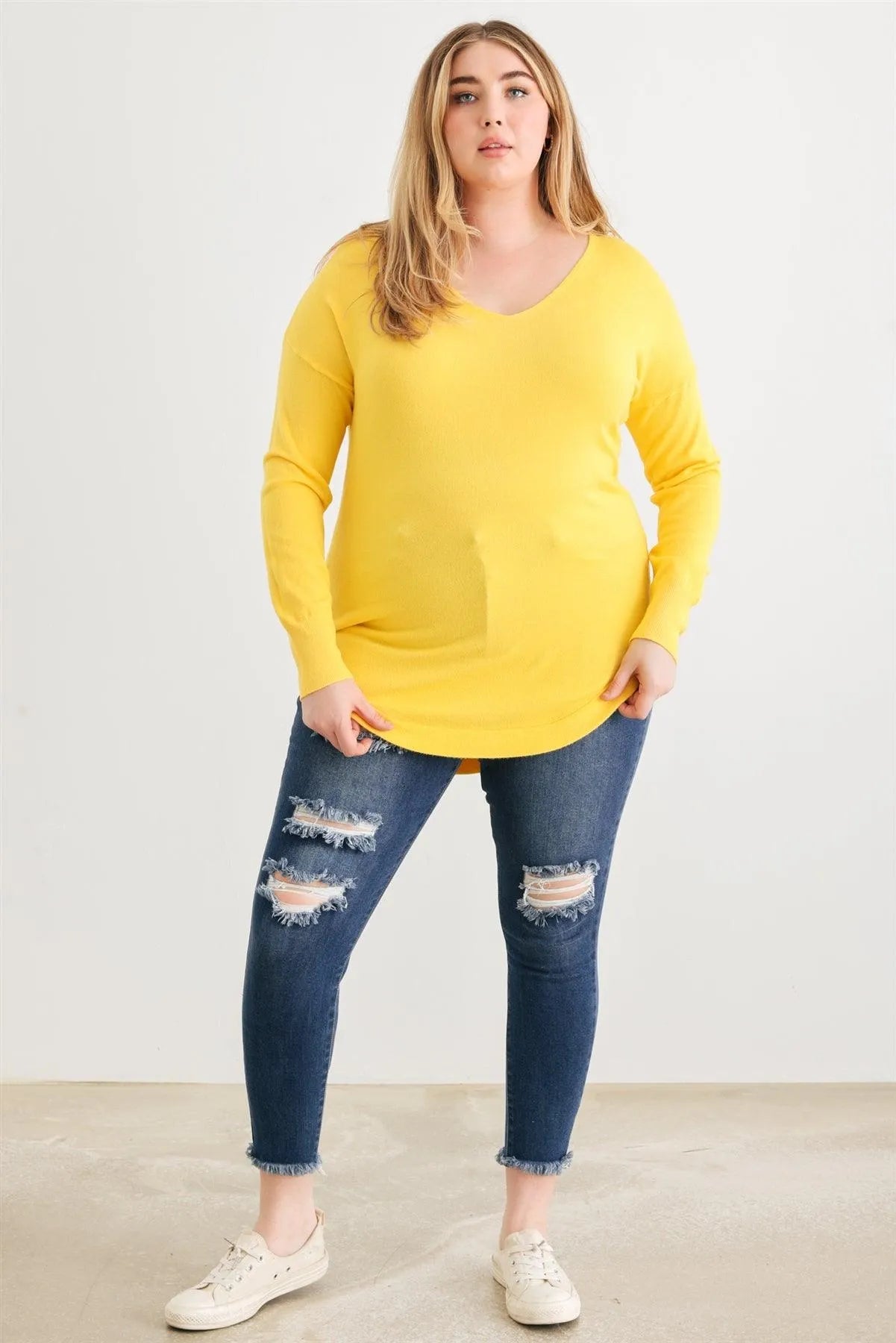 Plus Size Yellow Knit Back Lace-Up Curved Hem Top - Tasha Apparel Wholesale