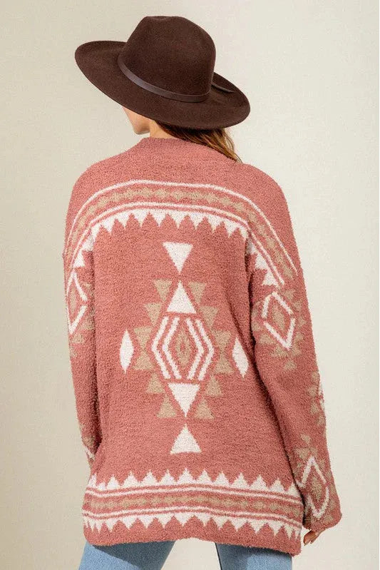 Boho Fuzzy Aztec Geometric Print Cardigan - Tasha Apparel Wholesale