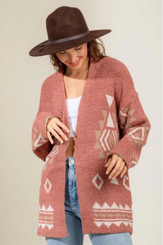 Boho Fuzzy Aztec Geometric Print Cardigan - Tasha Apparel Wholesale