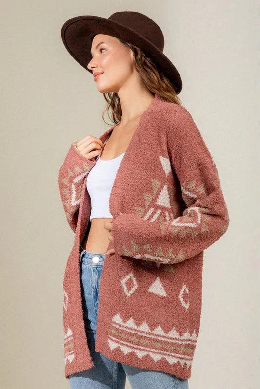 Boho Fuzzy Aztec Geometric Print Cardigan - Tasha Apparel Wholesale