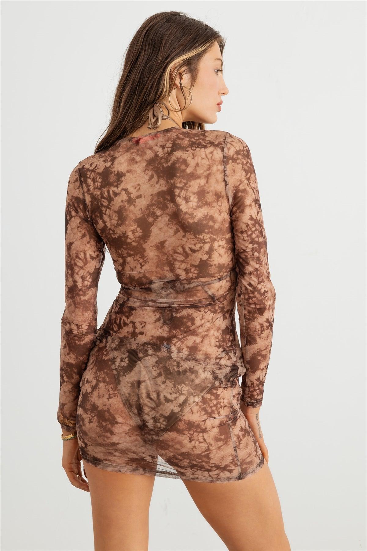 Mocha & Taupe Abstract Mesh Lace-Up Neck Long Sleeve Mini Dress /3-2-1