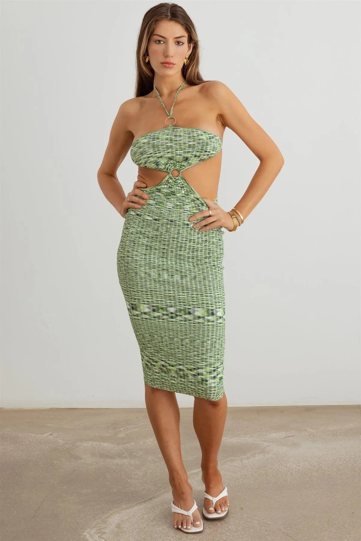 Abstract Ribbed O-Ring Halter Neck Cut-Out Midi Dress - Tasha Apparel Wholesale