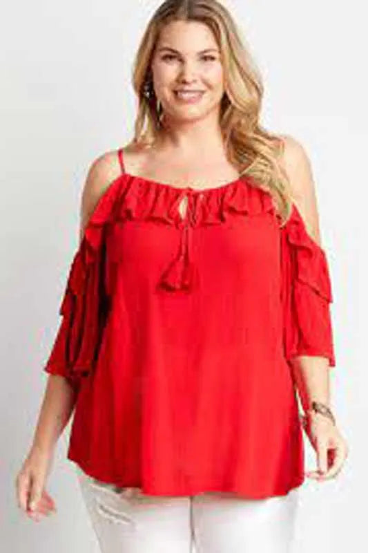 Plus Size Red Sleeveless Off-The-Shoulder Angel Sleeve Self-Tie Hem Top - Tasha Apparel Wholesale