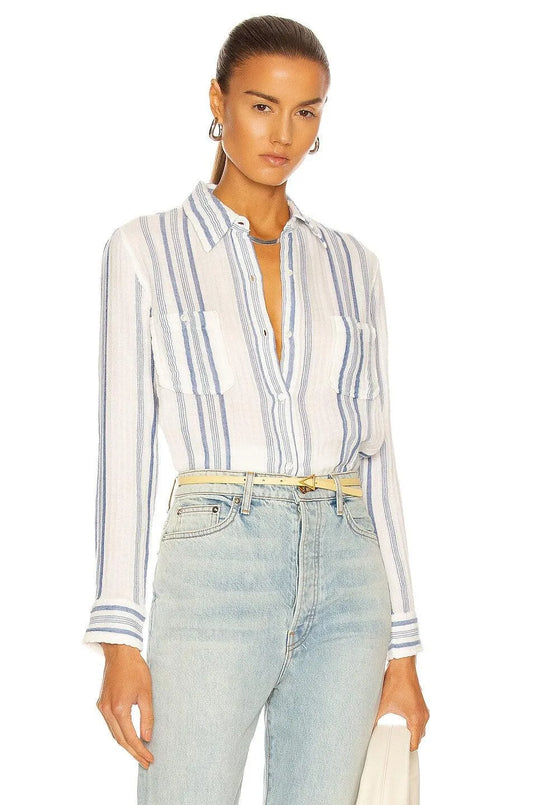 Blue Striped Boho Ruffle Trim Long Volumed Sleeve Babydoll Top - Tasha Apparel Wholesale