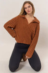 Ribbed Knit Collared Cropped Textured Fall Sweater