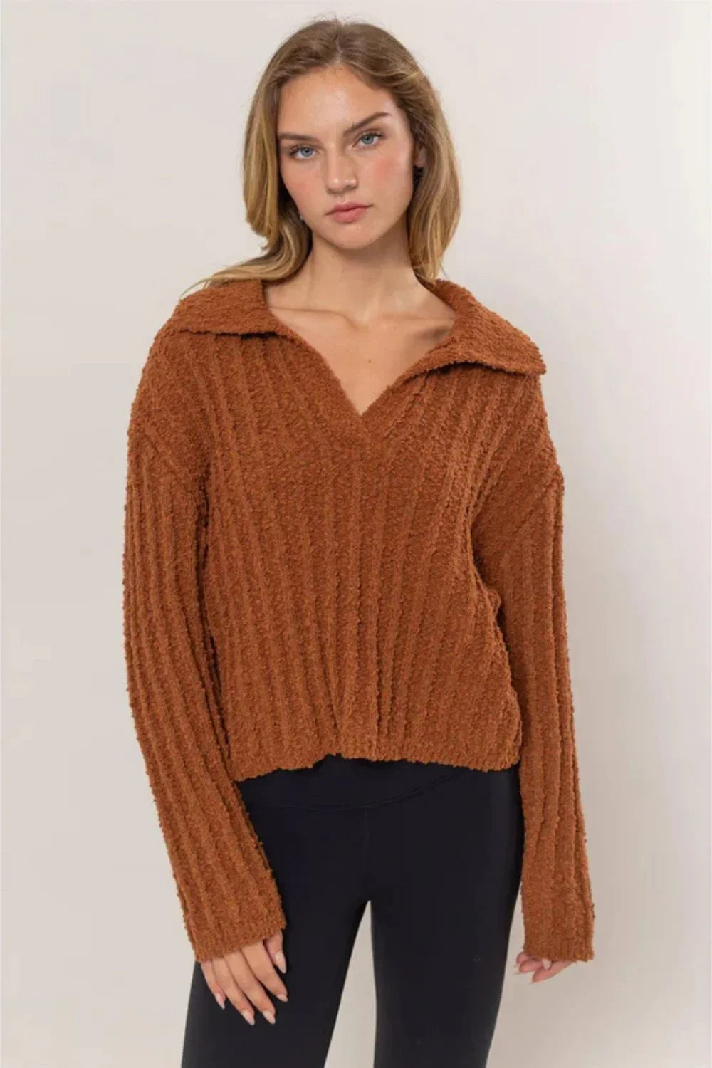 Ribbed Knit Collared Cropped Textured Fall Sweater