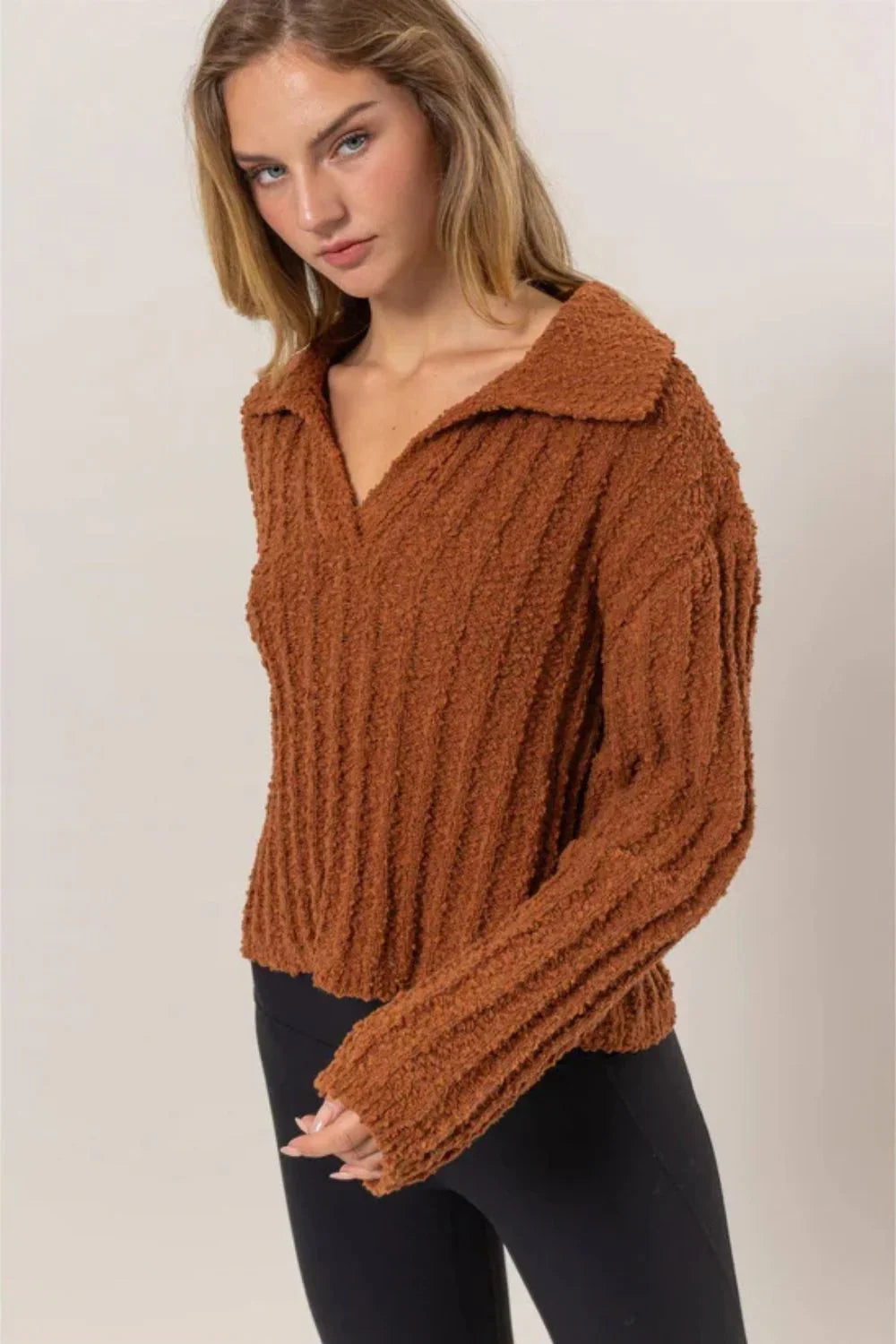 Ribbed Knit Collared Cropped Textured Fall Sweater
