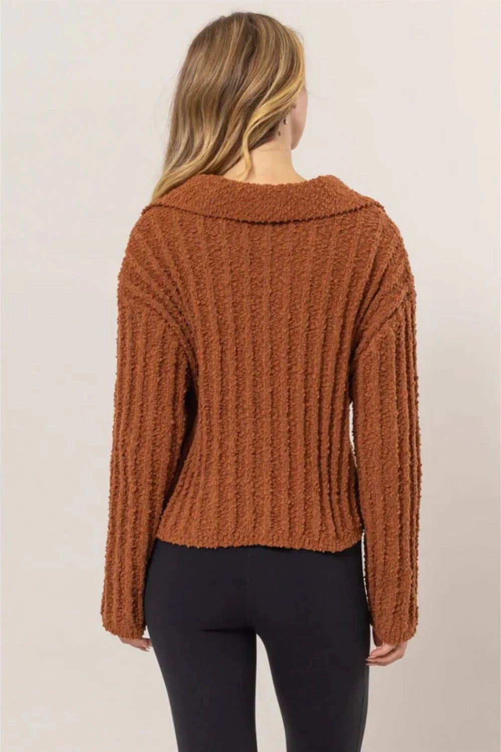 Ribbed Knit Collared Cropped Textured Fall Sweater