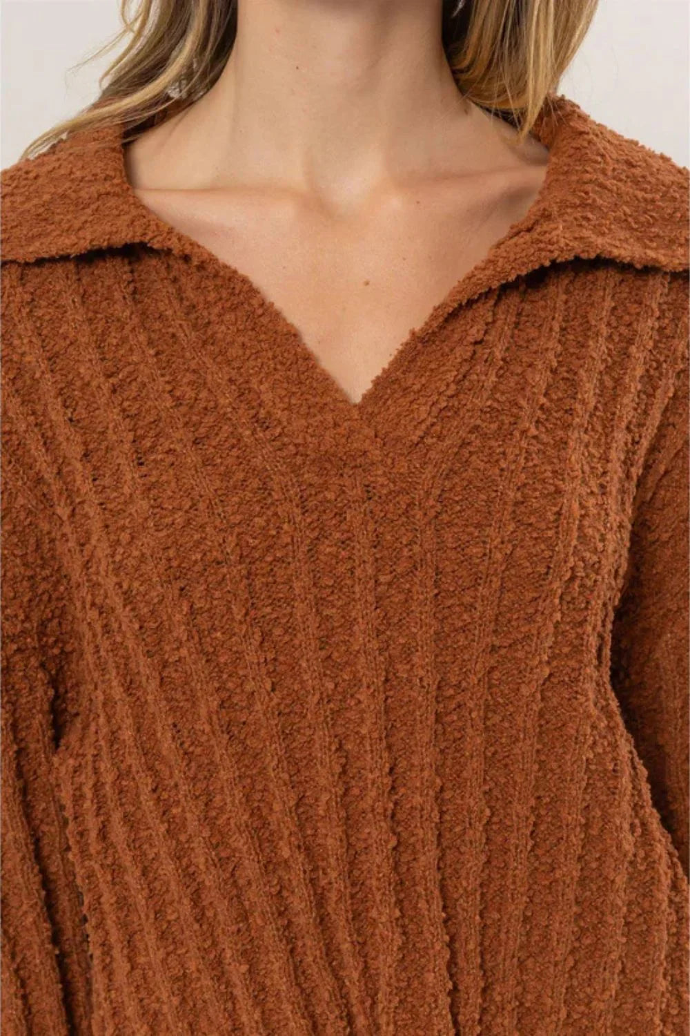 Ribbed Knit Collared Cropped Textured Fall Sweater