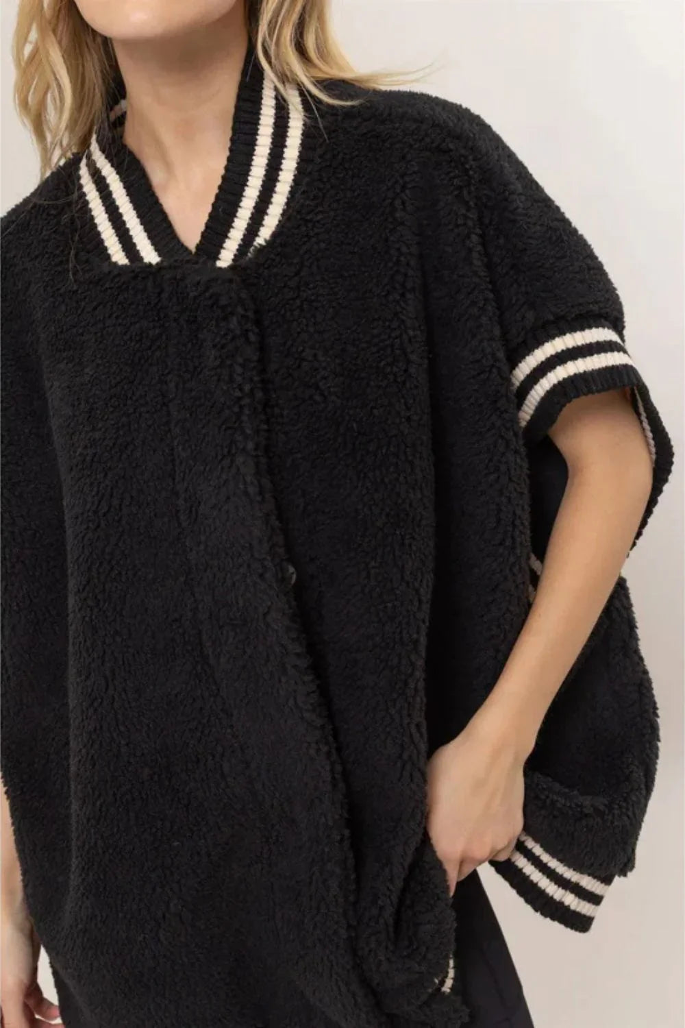 Black Sherpa Oversized Baseball Striped Trim Cozy Vest