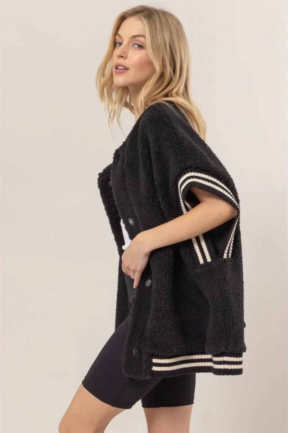 Black Sherpa Oversized Baseball Striped Trim Cozy Vest