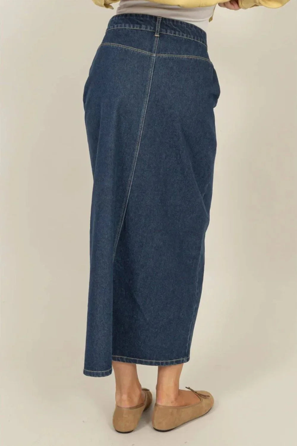 High Waisted Denim Skirt Front Slit Classic Blue Jean Boutique Midi Skirt