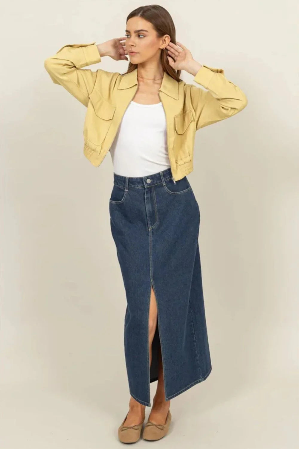 High Waisted Denim Skirt Front Slit Classic Blue Jean Boutique Midi Skirt