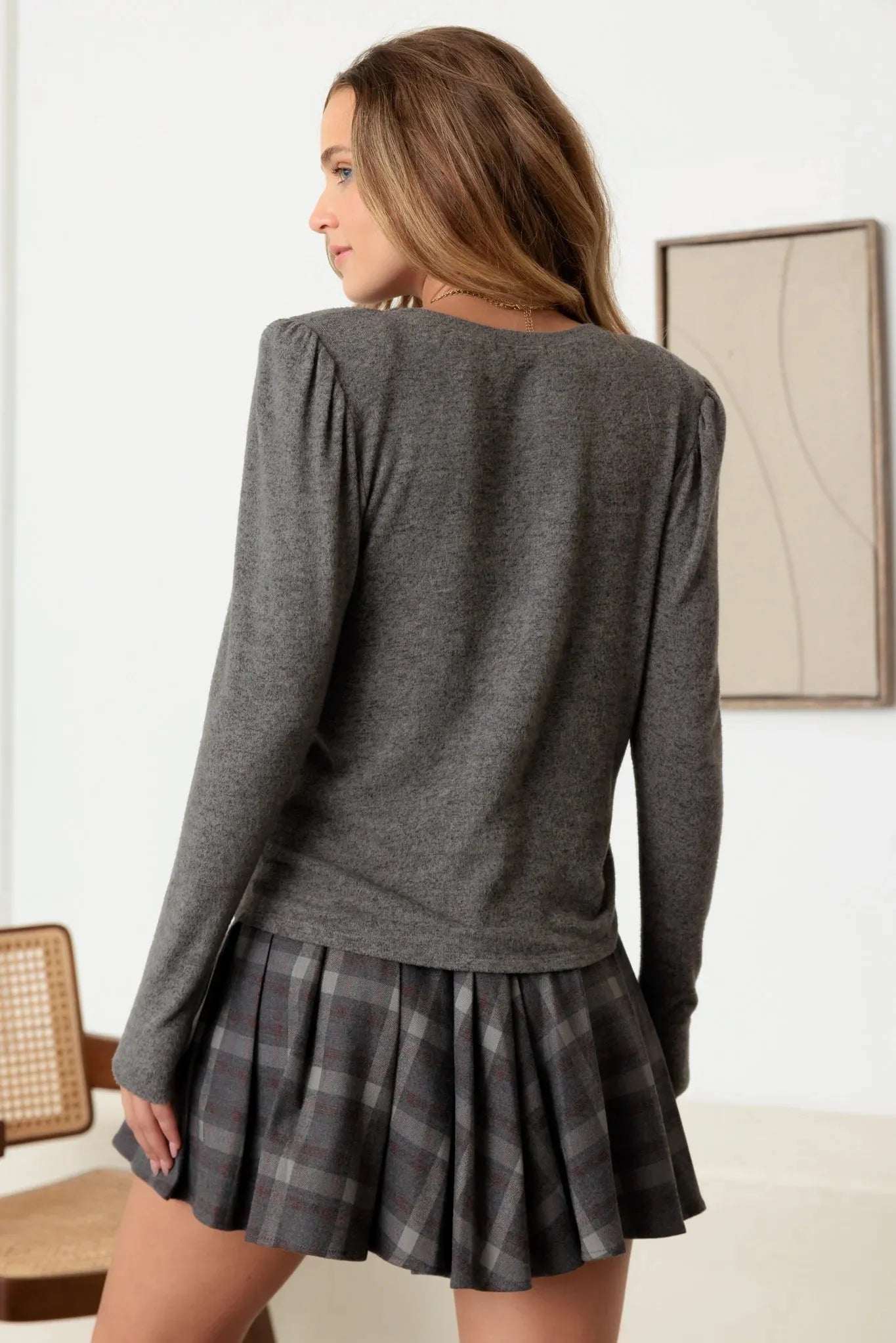 Twisted Detail Long Sleeve Shoulder Pad Basic Top - Tasha Apparel Wholesale
