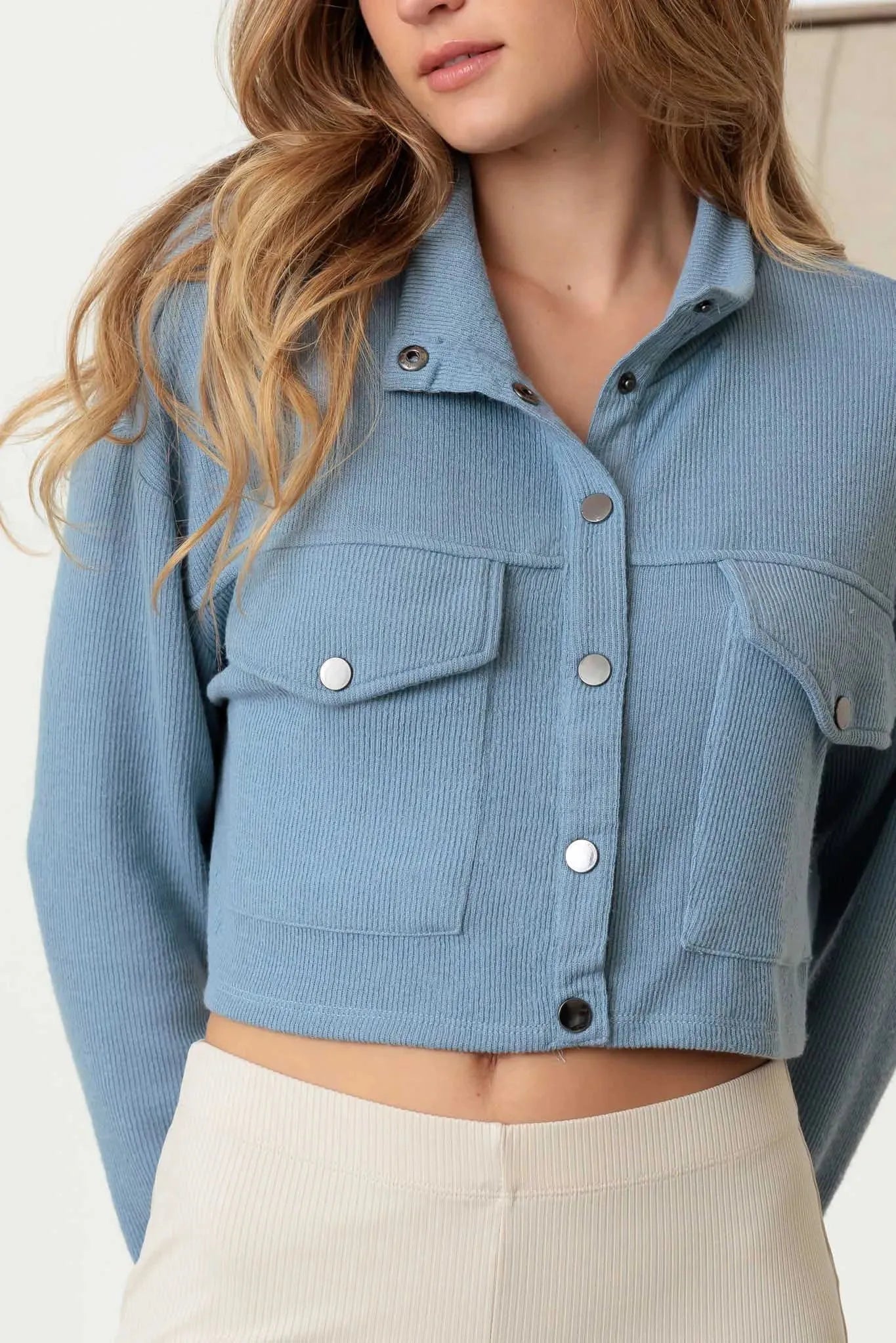 Two Pocket Long Sleeve Crew Neck Crop Jacket - Tasha Apparel Wholesale