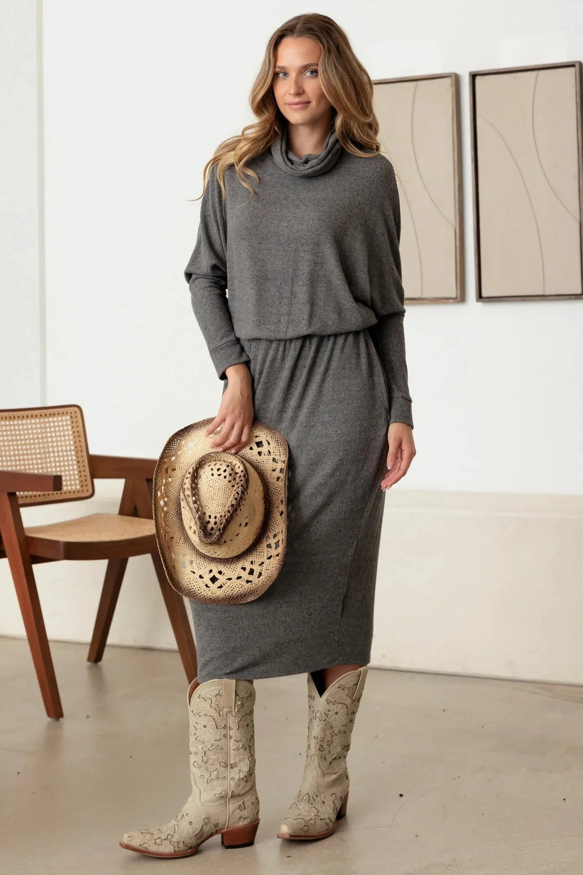 mock neck long sleeve midi dress Turtle Elastic Waist Charcoal / S-M-L/1-1-1 KIWI_EXETER_COLLECTION chic fall dress Asymmetric Long Sleeve Ruched Color:School Blue