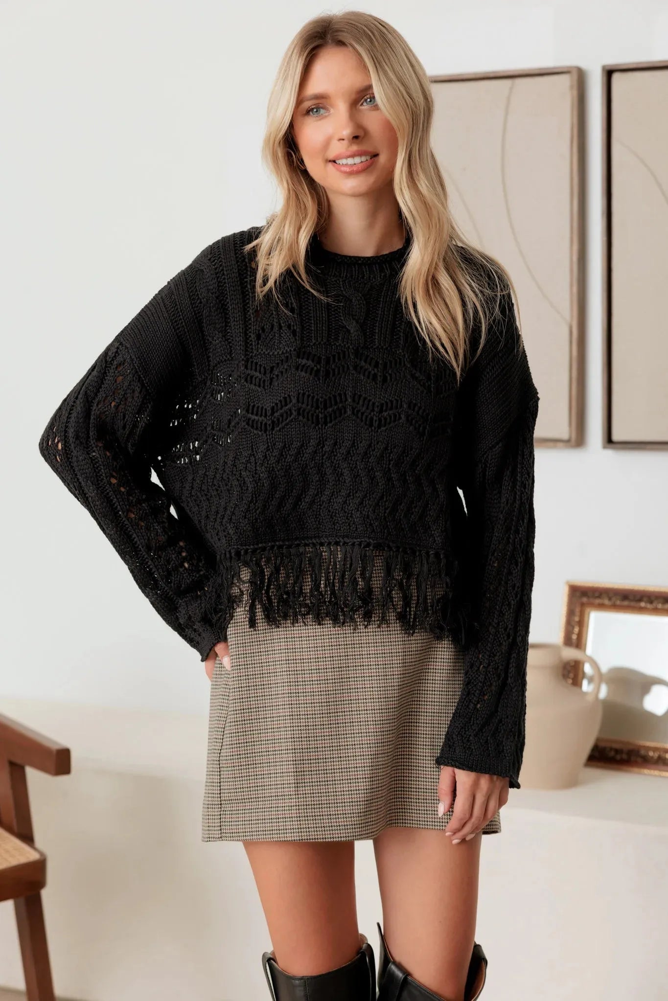 Crochet Hollow Out Fringe Long Sleeve Sweater - Tasha Apparel Wholesale