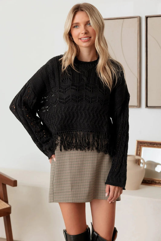 Crochet Hollow Out Fringe Long Sleeve Sweater - Tasha Apparel Wholesale