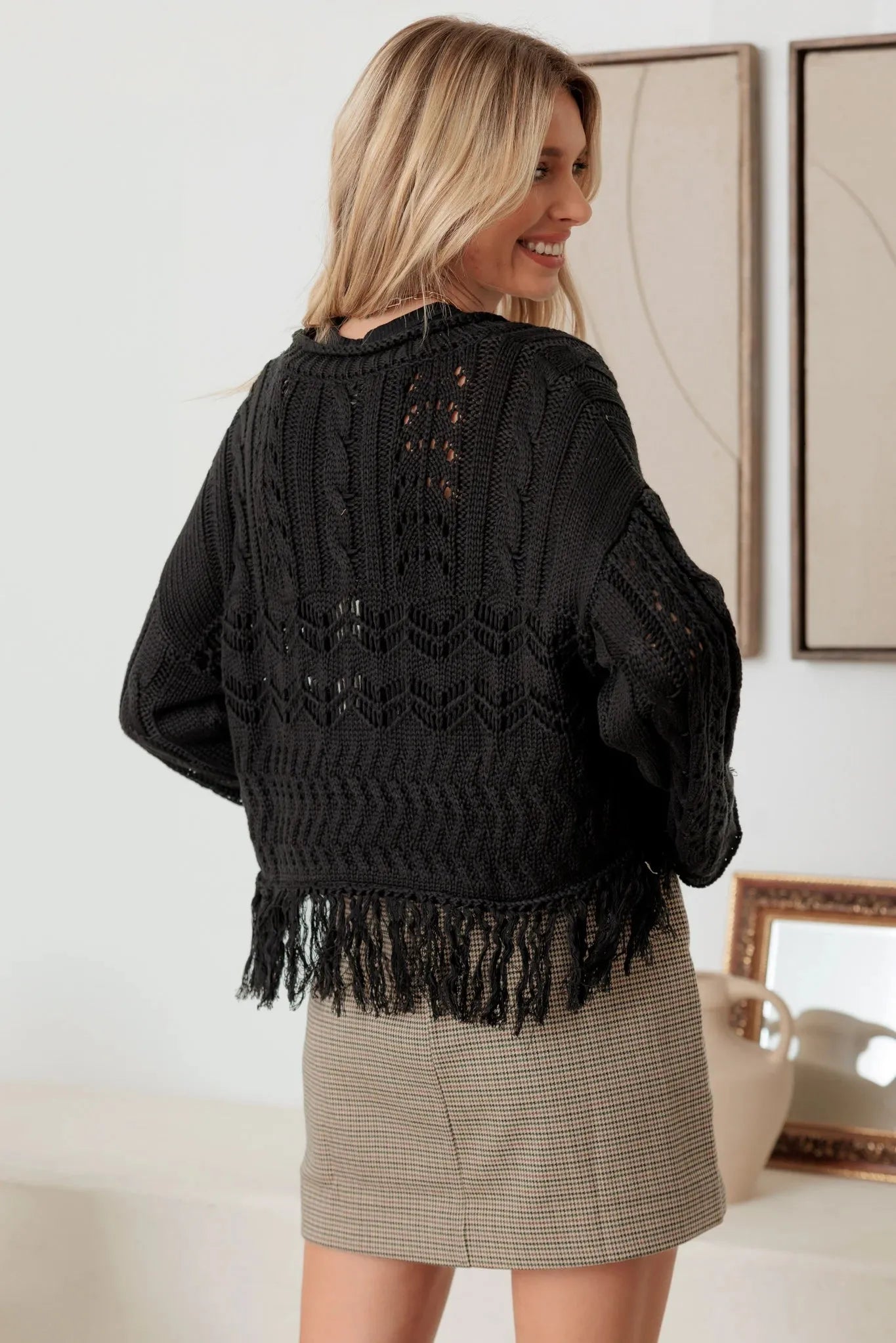 Crochet Hollow Out Fringe Long Sleeve Sweater - Tasha Apparel Wholesale