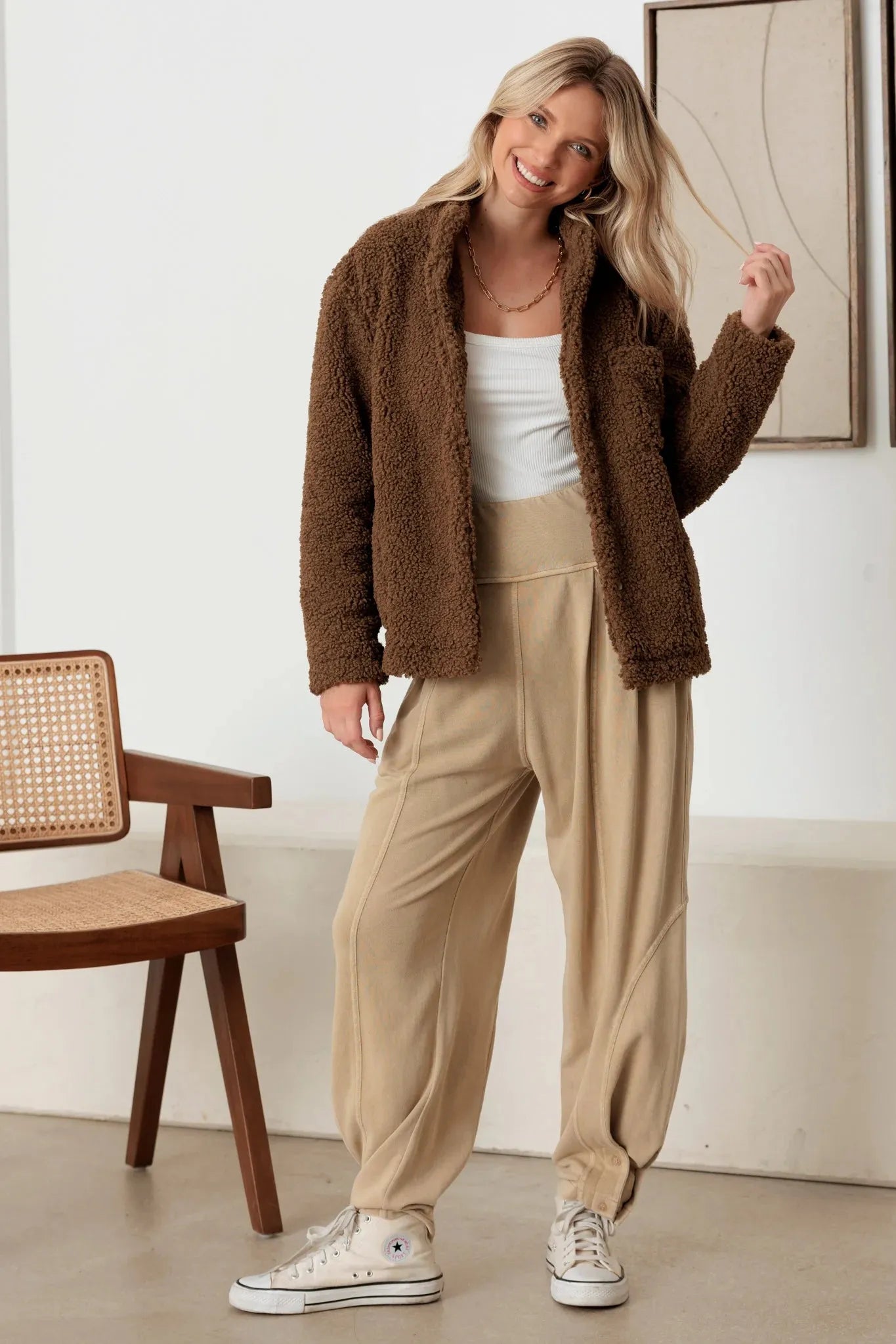 Faux Shearling Long Sleeve Shaggy Jacket - Tasha Apparel Wholesale