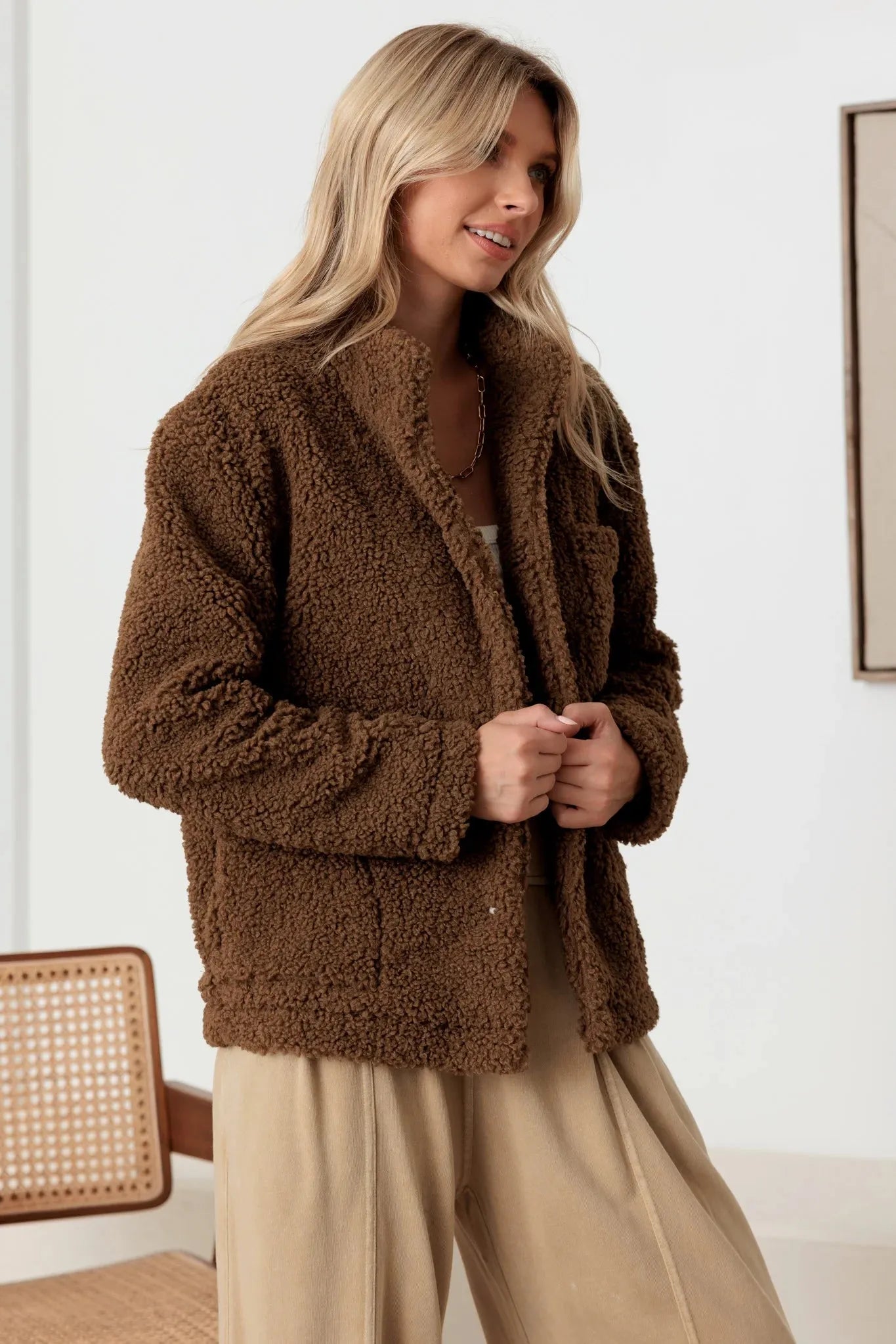 Faux Shearling Long Sleeve Shaggy Jacket - Tasha Apparel Wholesale