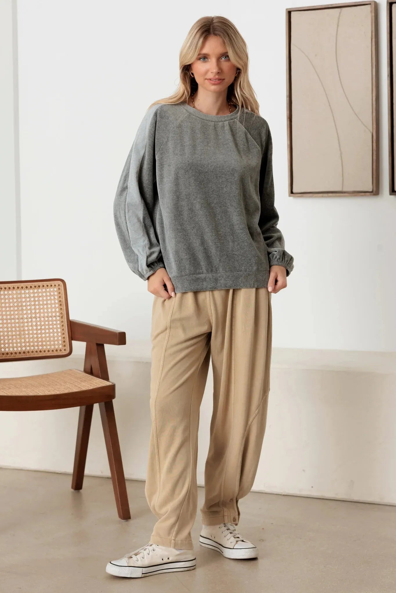 Cotton Blend Velour Balloon Long Sleeve Top - Tasha Apparel Wholesale