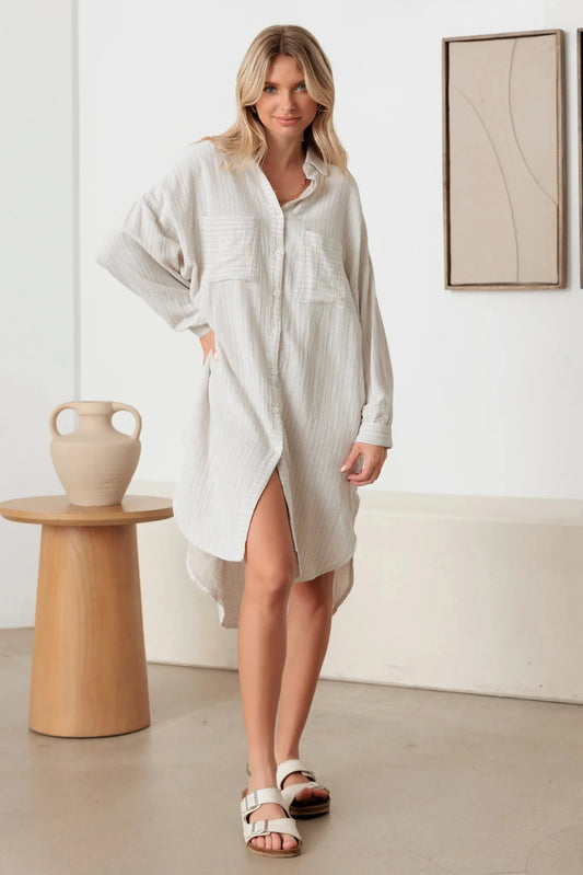 Oversized Pocket High-Low Hem Linen Shirt Dress - Tasha Apparel Wholesale
