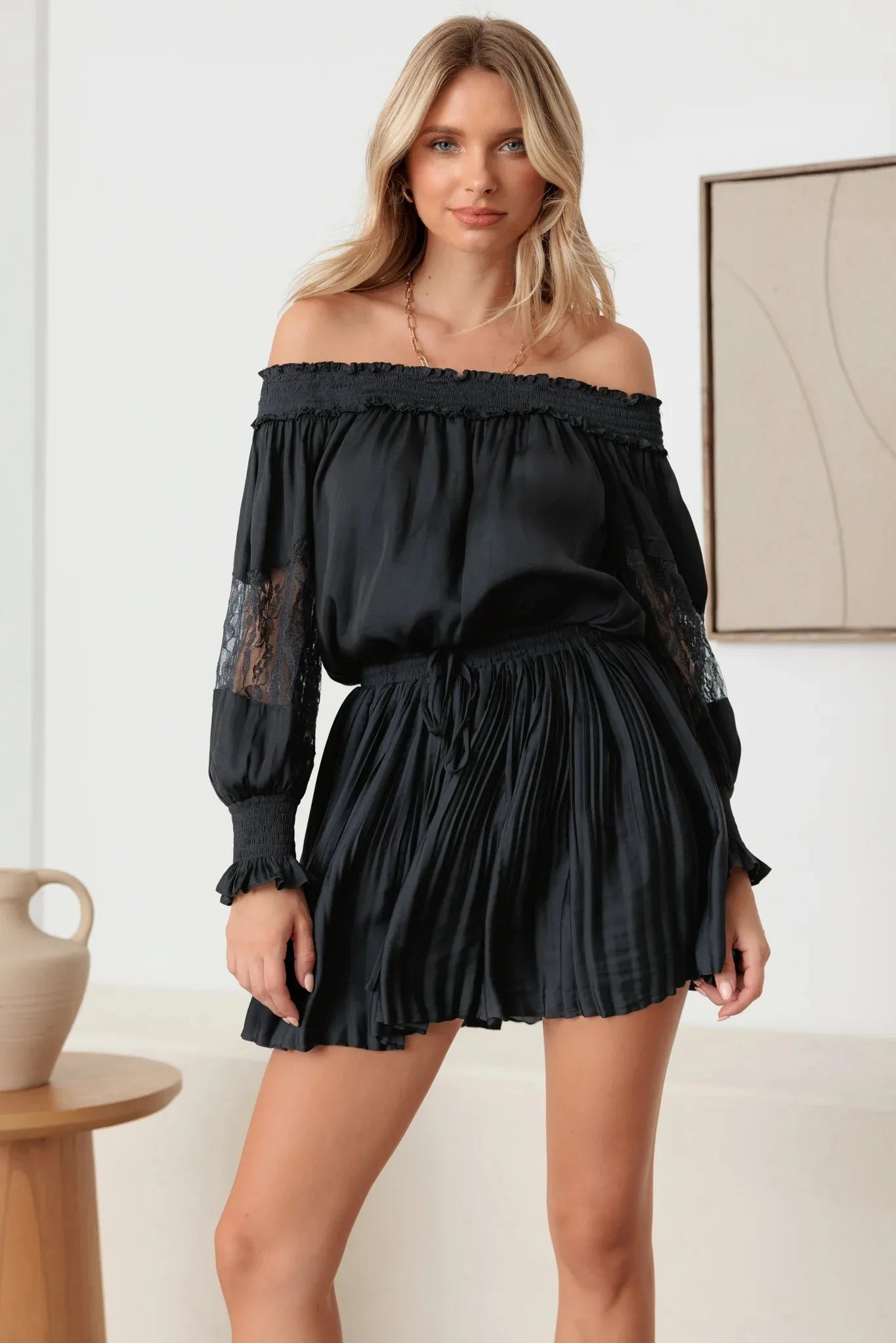 Smocked Off-Shoulder Lace Sleeve Mini Dress - Tasha Apparel Wholesale