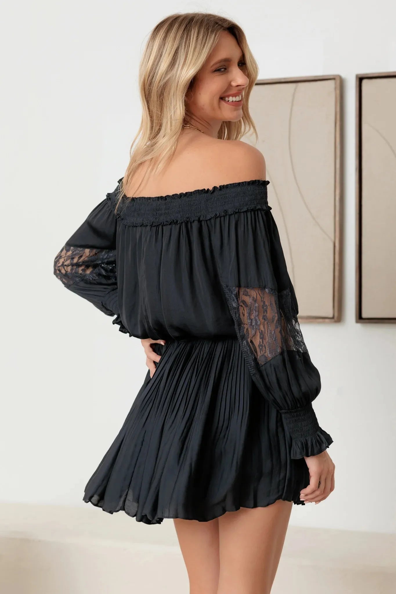 Smocked Off-Shoulder Lace Sleeve Mini Dress Black / S-M-L/3-2-1 Smocked Off-Shoulder Lace Sleeve Mini Dress Black / S-M-L/3-2-1