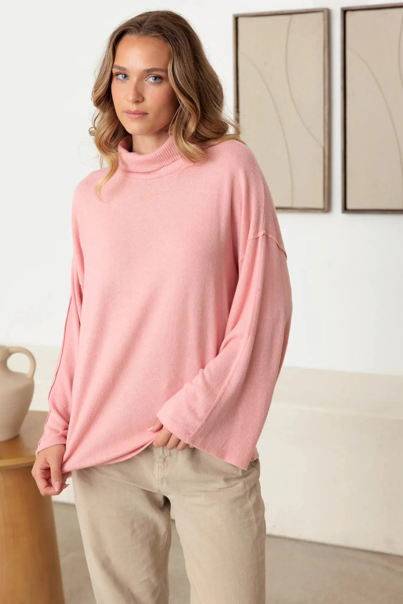 Turtle Neck Wide Long Sleeve Soft Touch Top - Tasha Apparel Wholesale