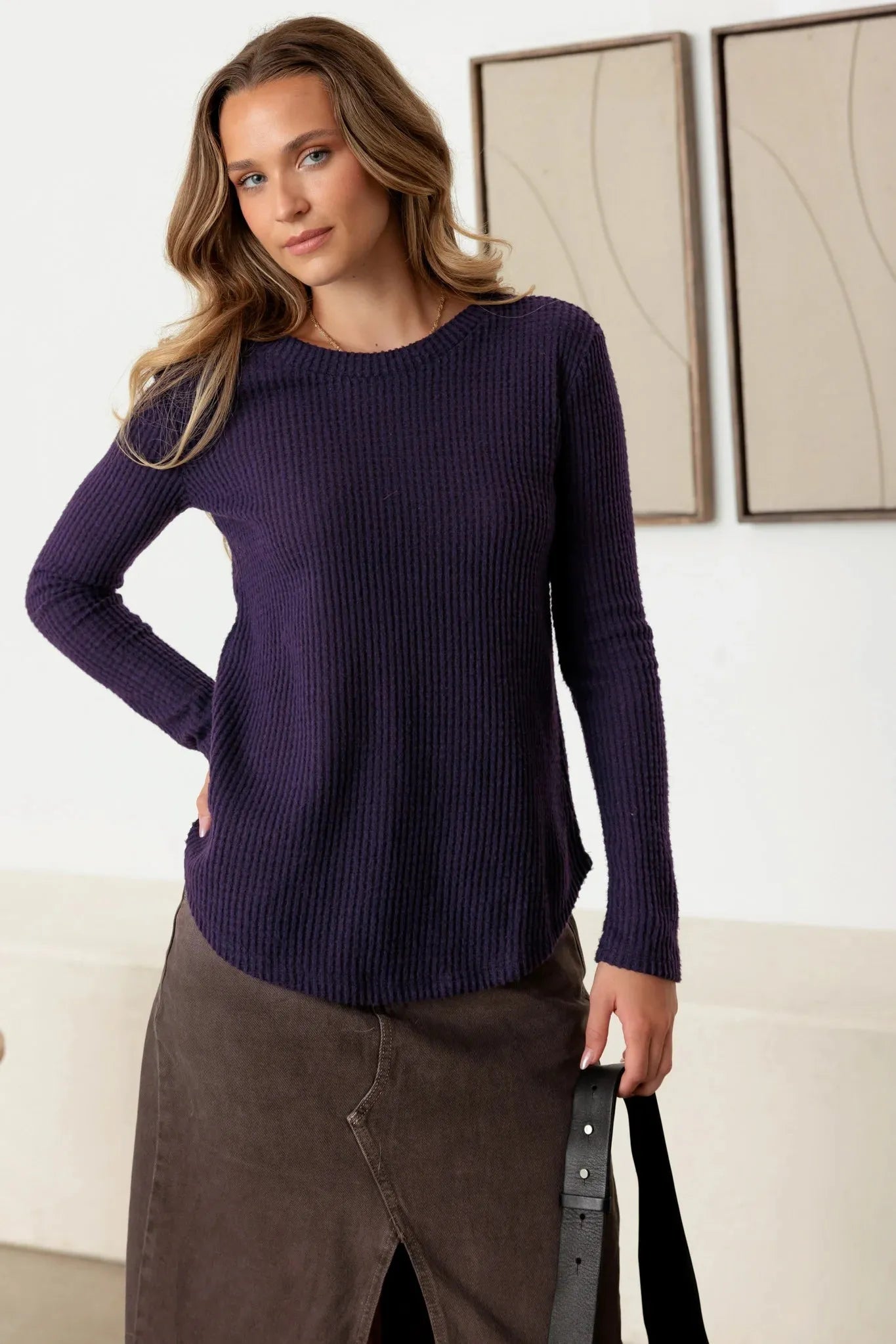 Purple Long Sleeve Crew Neck Soft To Touch Top - Tasha Apparel Wholesale