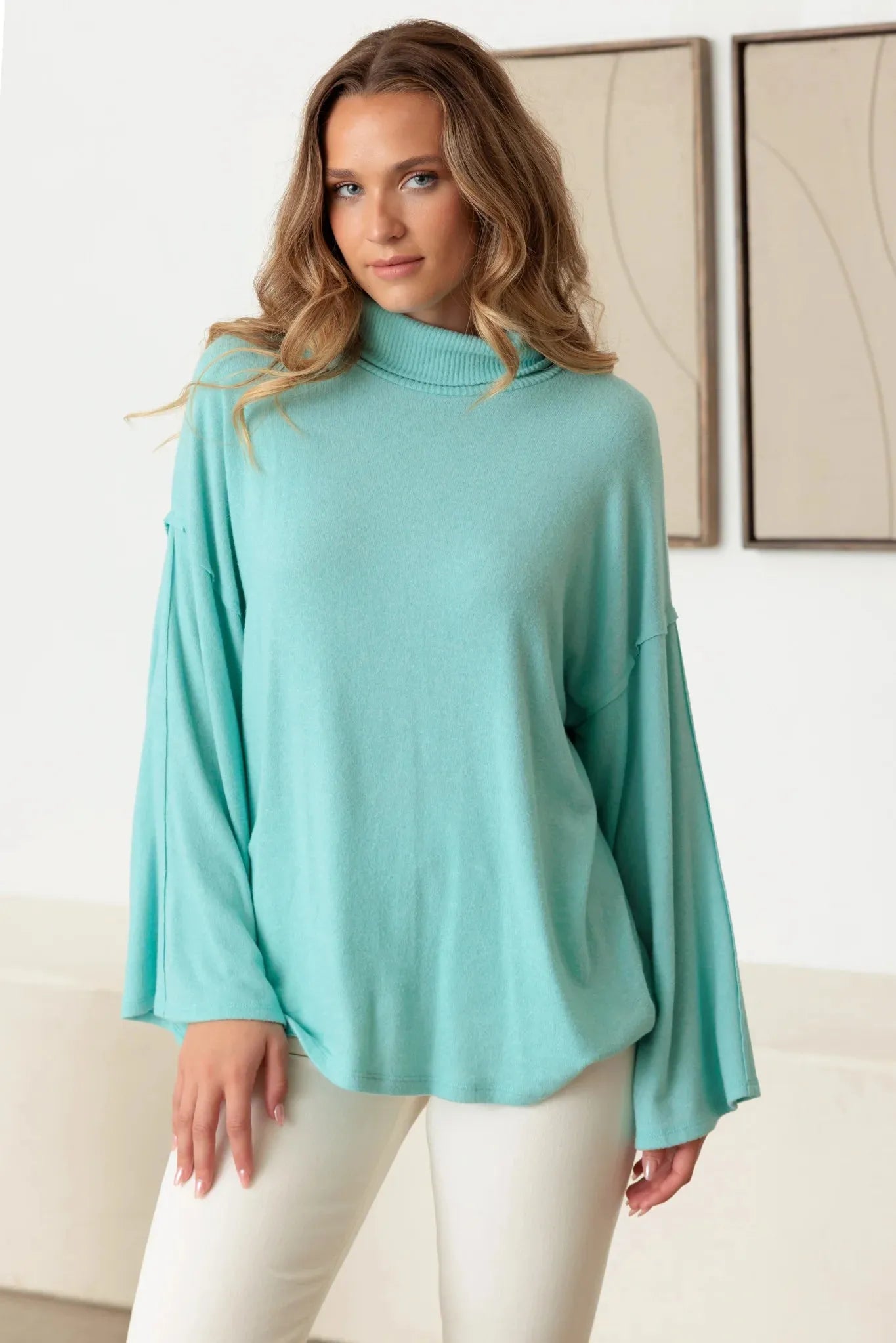 Turtle Neck Wide Long Sleeve Soft Touch Top - Tasha Apparel Wholesale