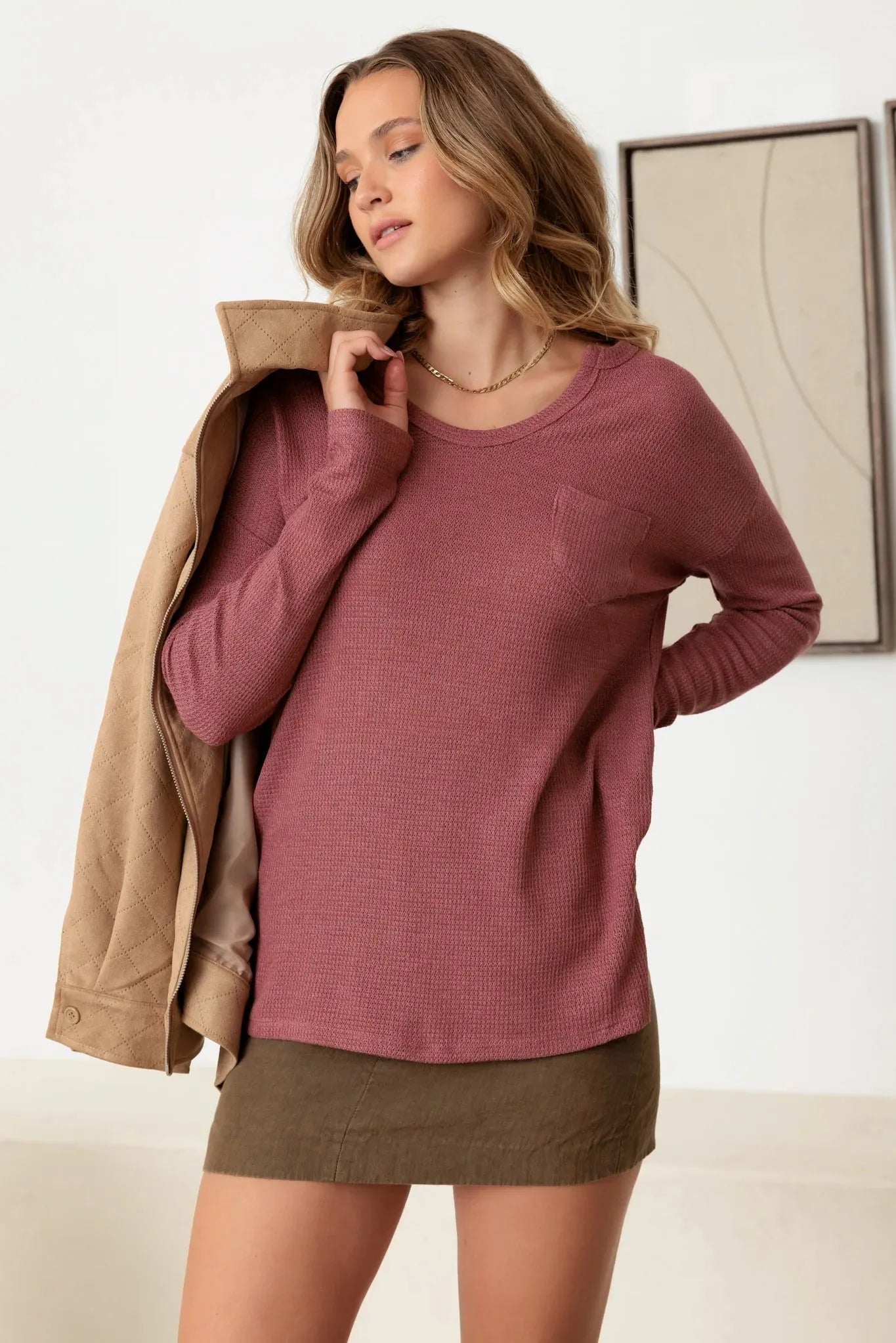 Waffle Knit Front Single Pocket Long Sleeve Top - Tasha Apparel Wholesale