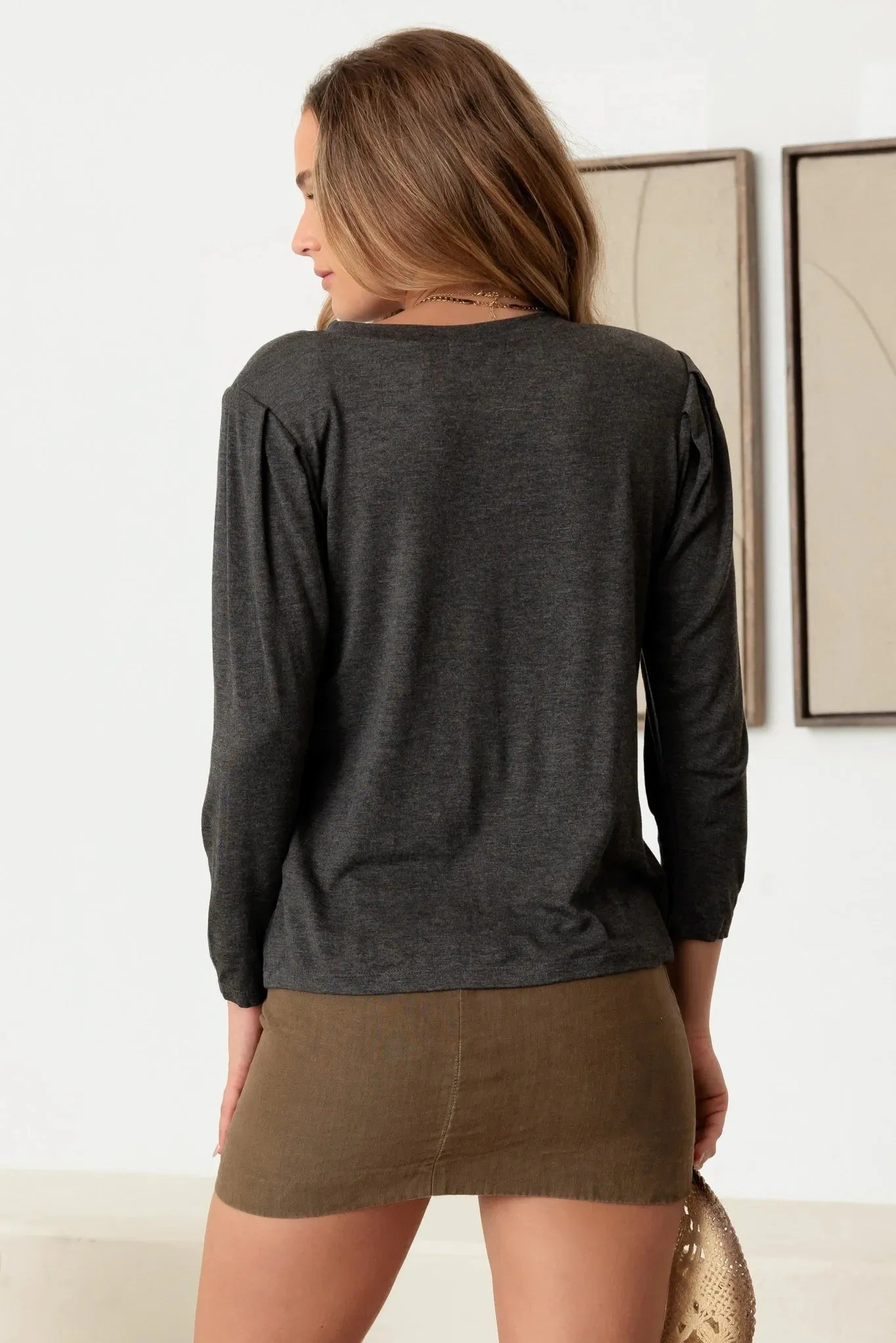 Casual Shoulder Pad Puff Midi Sleeve Top - Tasha Apparel Wholesale