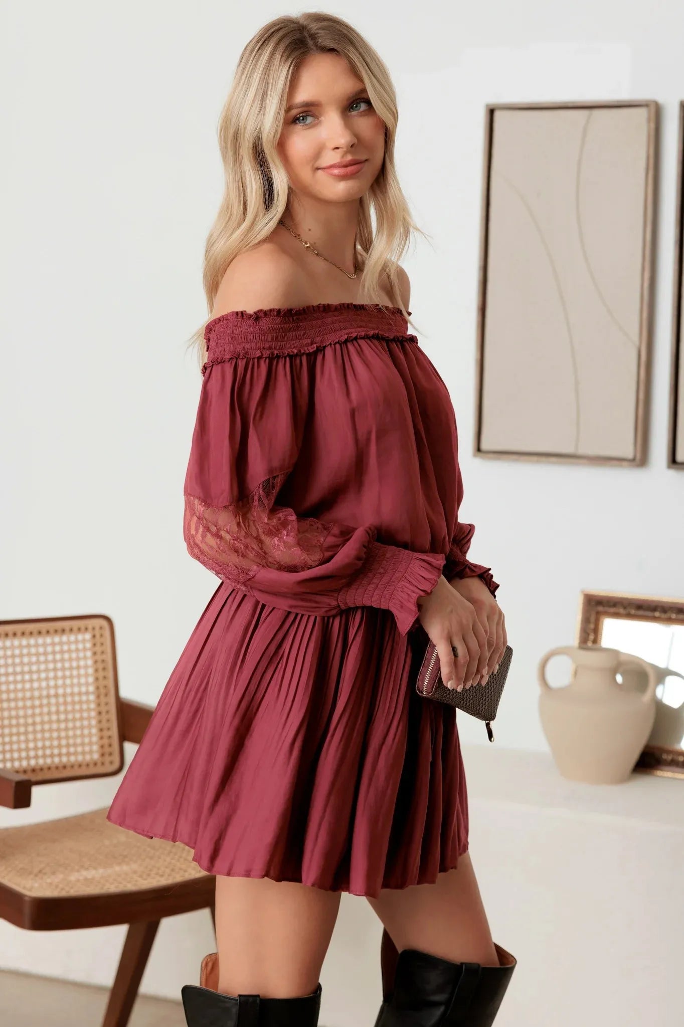 Smocked Off-Shoulder Lace Sleeve Mini Dress Black / S-M-L/3-2-1 Smocked Off-Shoulder Lace Sleeve Mini Dress Black / S-M-L/3-2-1