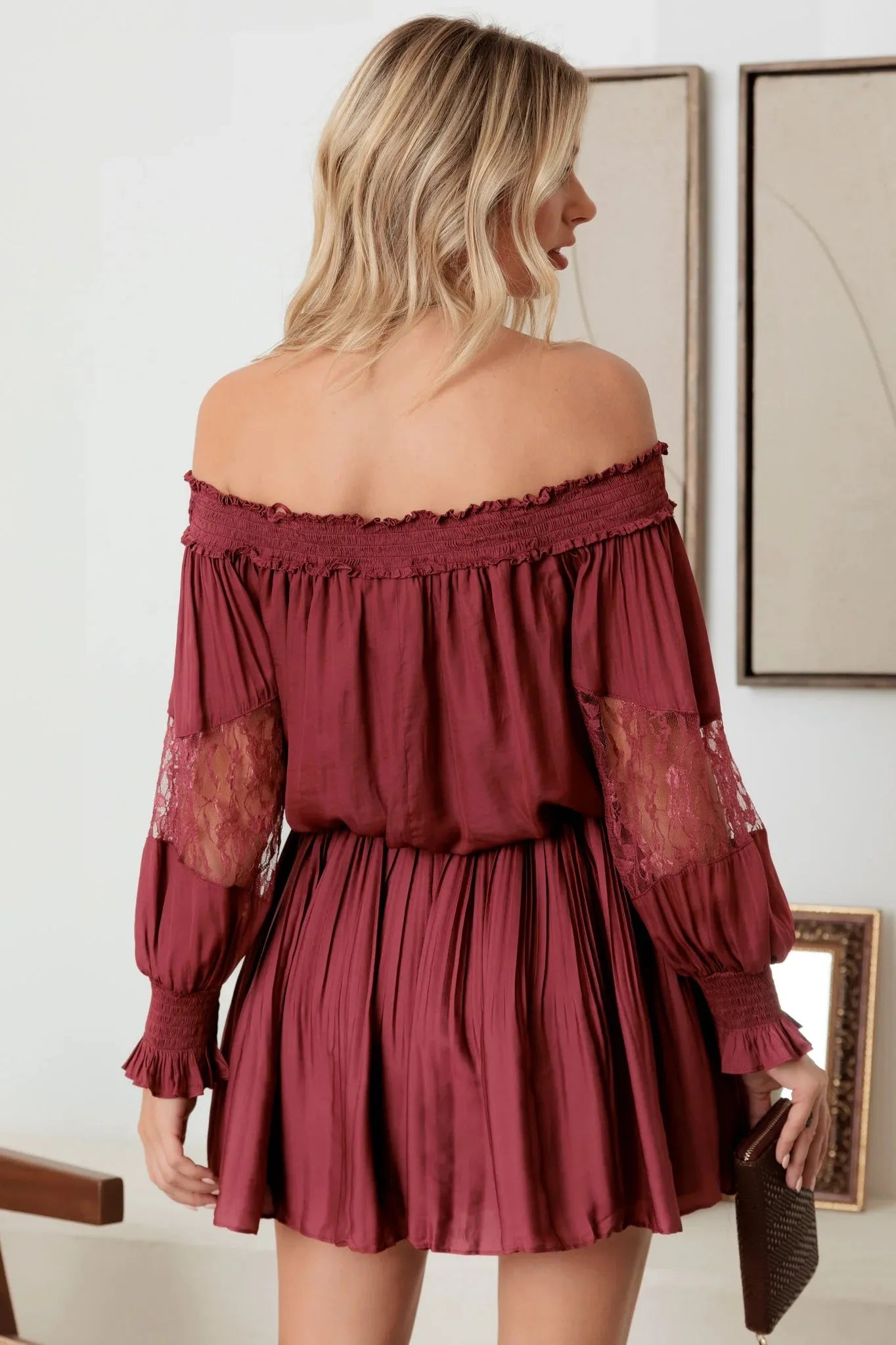 Smocked Off-Shoulder Lace Sleeve Mini Dress Black / S-M-L/3-2-1 Smocked Off-Shoulder Lace Sleeve Mini Dress Black / S-M-L/3-2-1