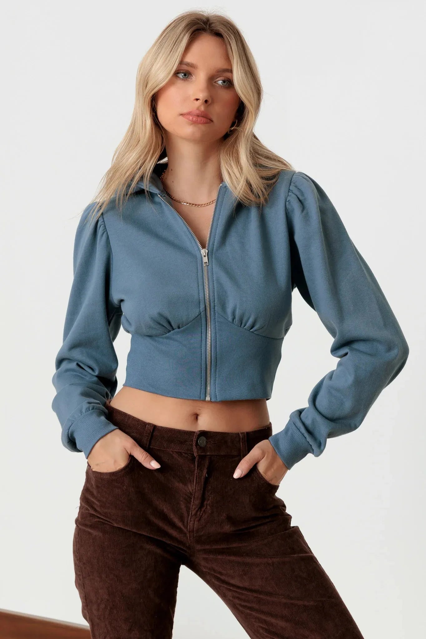 Hooded Front Zipper Long Sleeve Cropped Sweatshirt - Tasha Apparel Wholesale