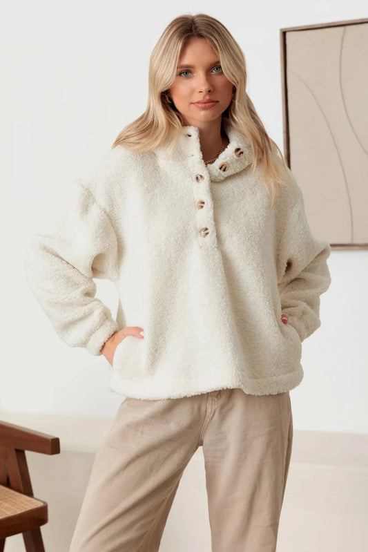 Sherpa Button-Up Two Pocket Hooded Pullover Jacket - Tasha Apparel Wholesale