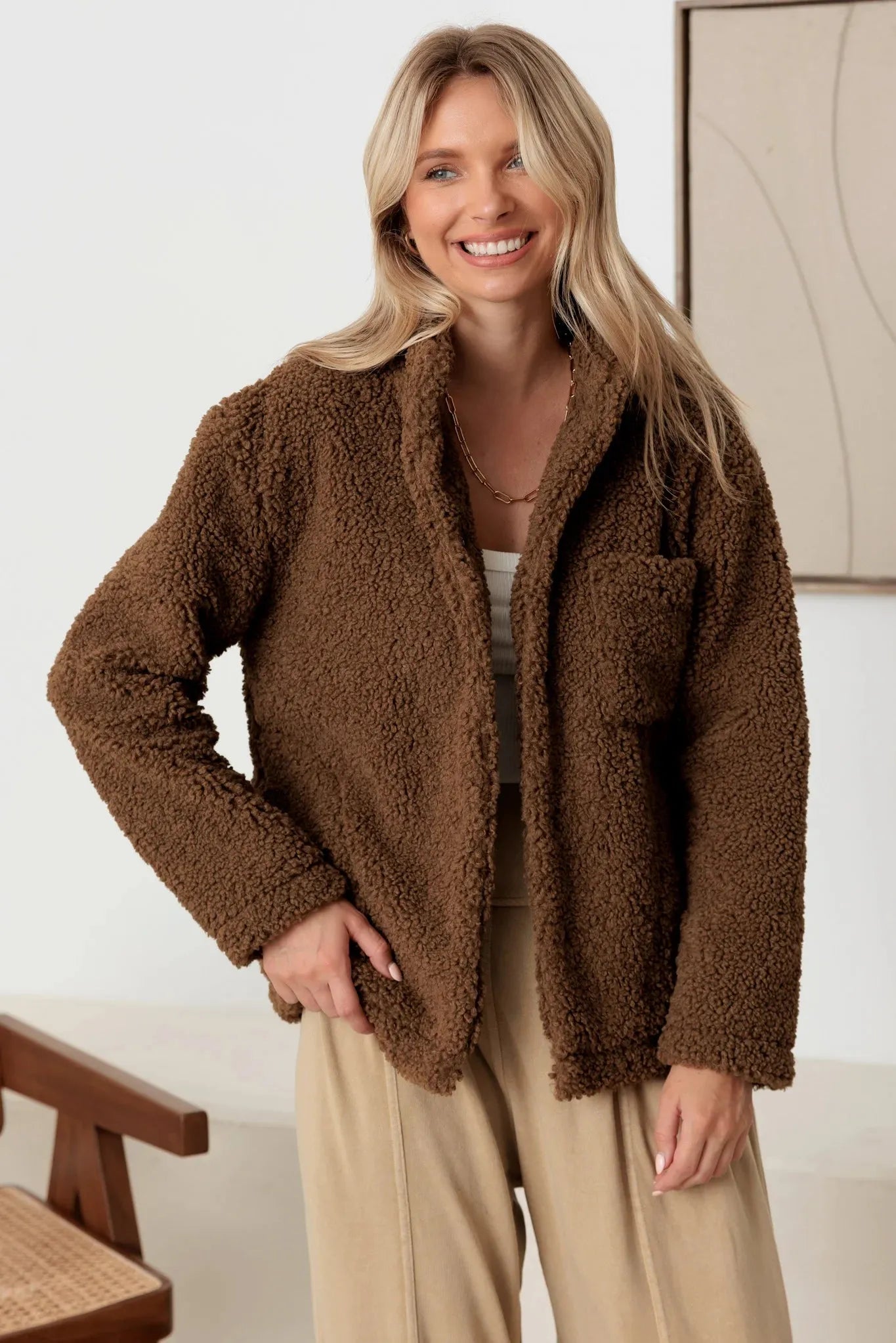 Faux Shearling Long Sleeve Shaggy Jacket - Tasha Apparel Wholesale
