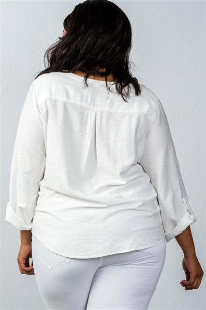 Junior Plus Size Stand-Up Collar Roll Sleeve Blouse - Tasha Apparel Wholesale