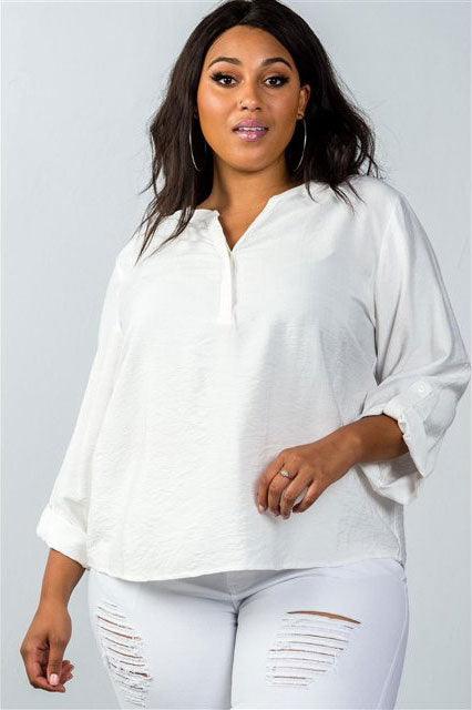 Junior Plus Size Stand-Up Collar Roll Sleeve Blouse - Tasha Apparel Wholesale