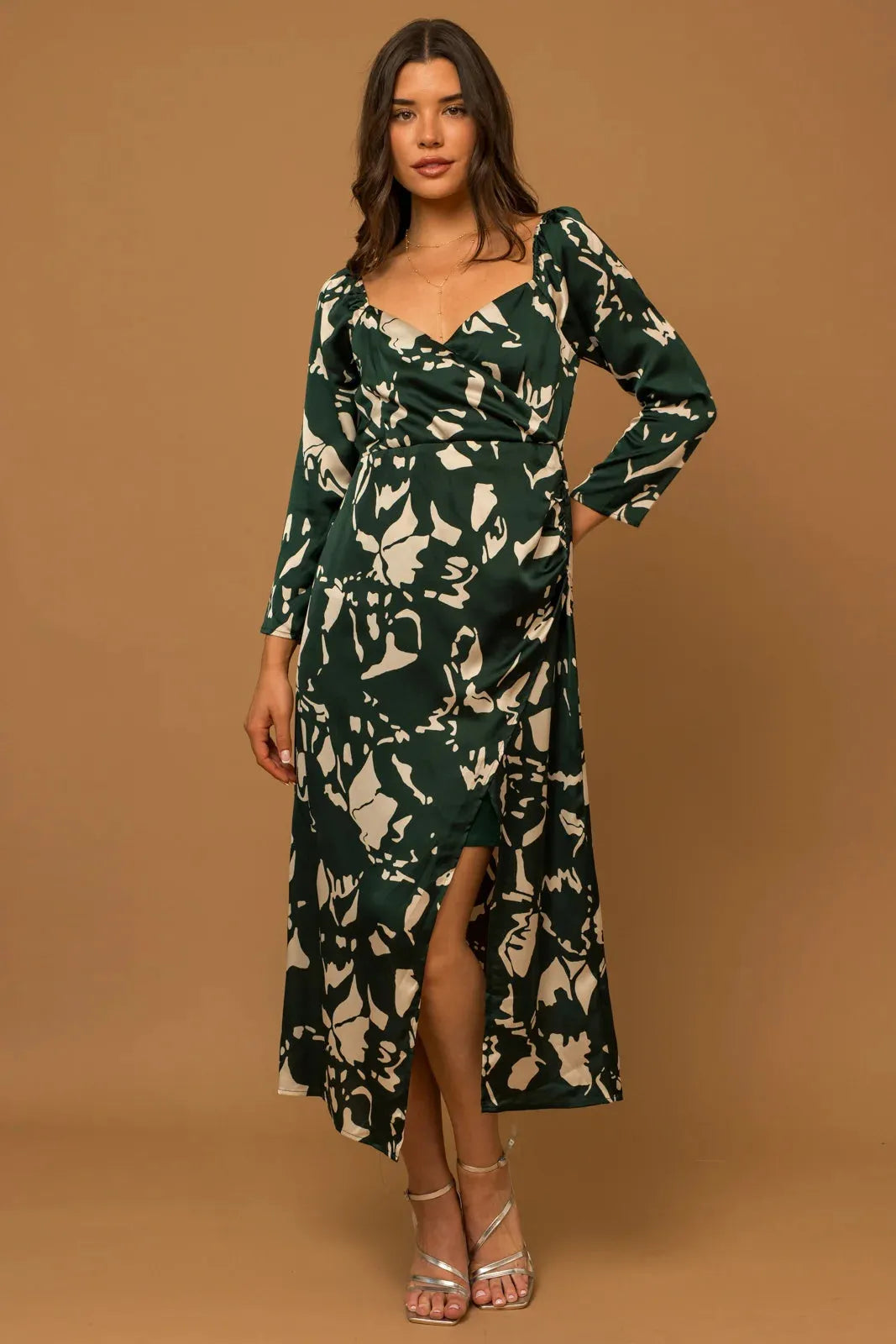 Long Sleeve Smocked Back Wrap Midi Dress - Tasha Apparel Wholesale