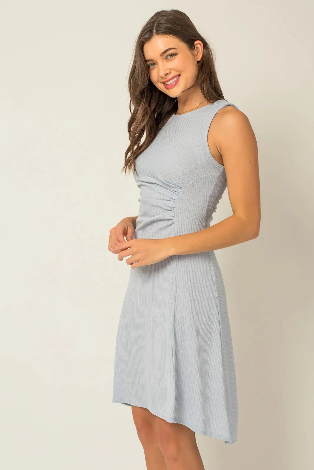 Ribbed Sleeveless Side Shirring Detail Midi Dress - Tasha Apparel Wholesale