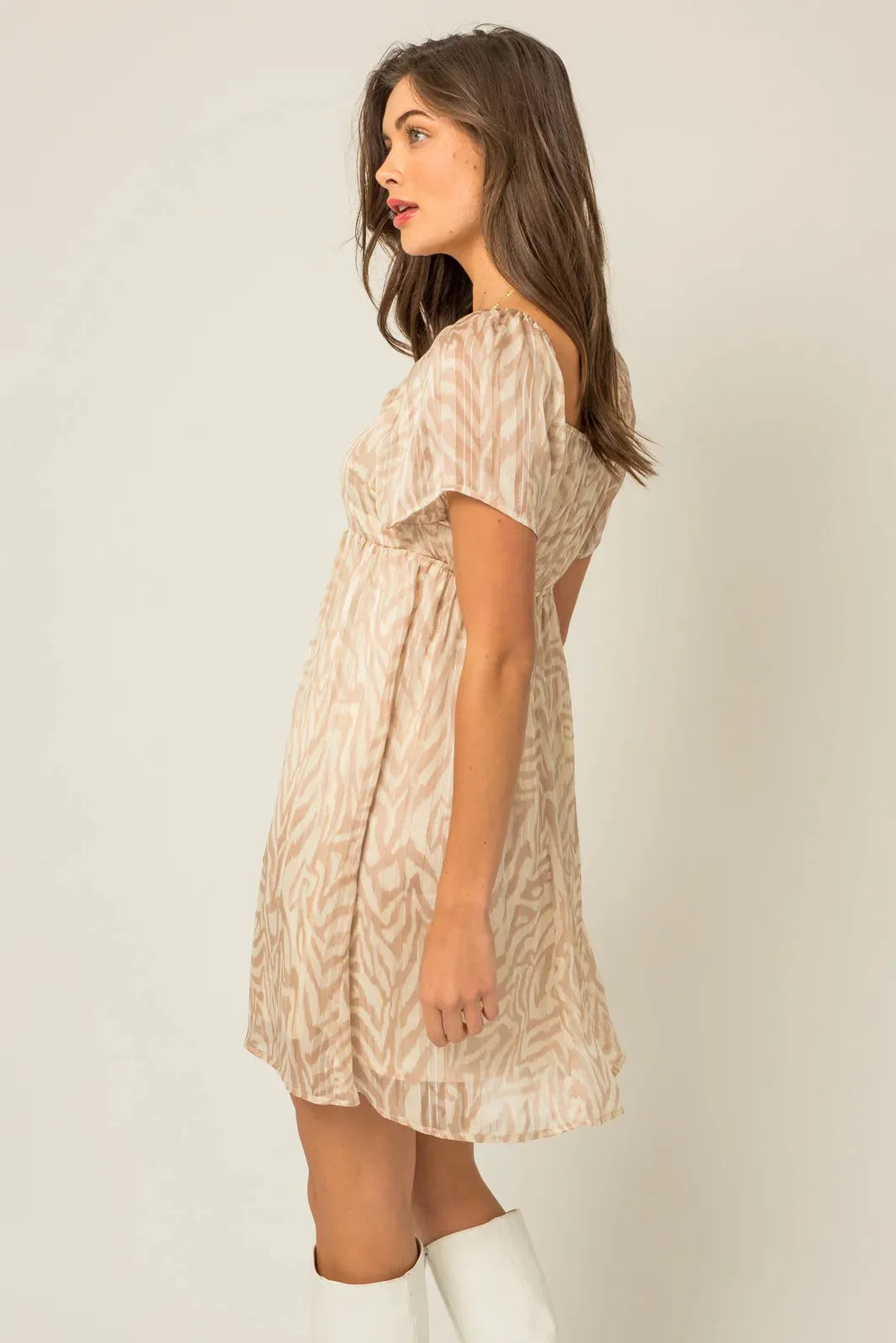 Short Sleeve Square Neck Gold Abstract Dress - Tasha Apparel Wholesale