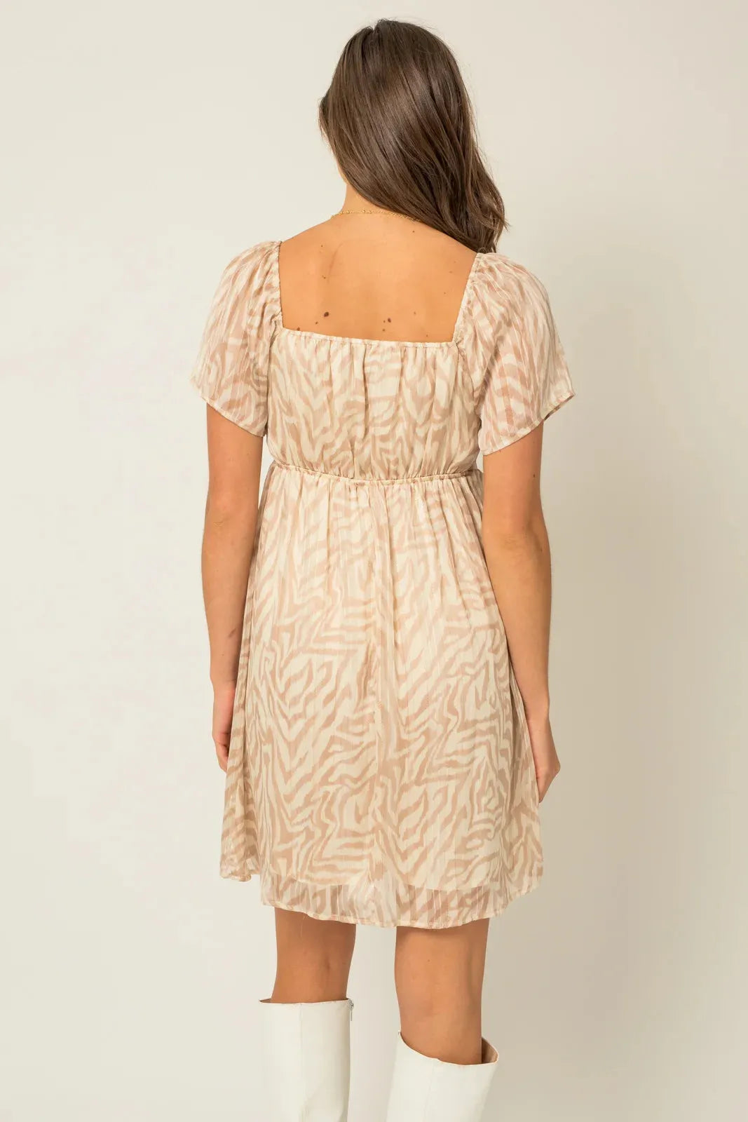 Short Sleeve Square Neck Gold Abstract Dress - Tasha Apparel Wholesale